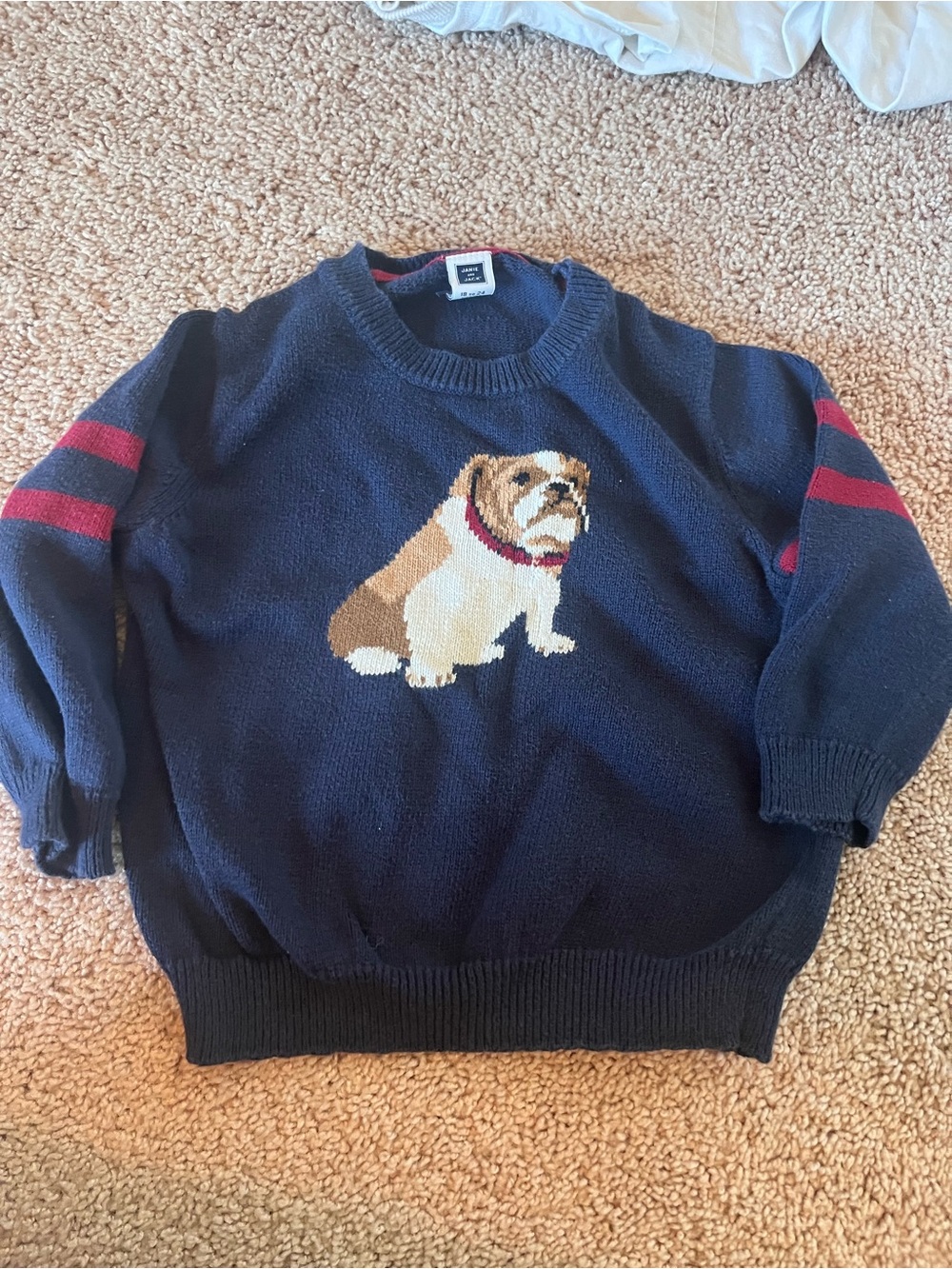 Janie and Jack Navy Sweater with Bulldog Motif and Red Stripes